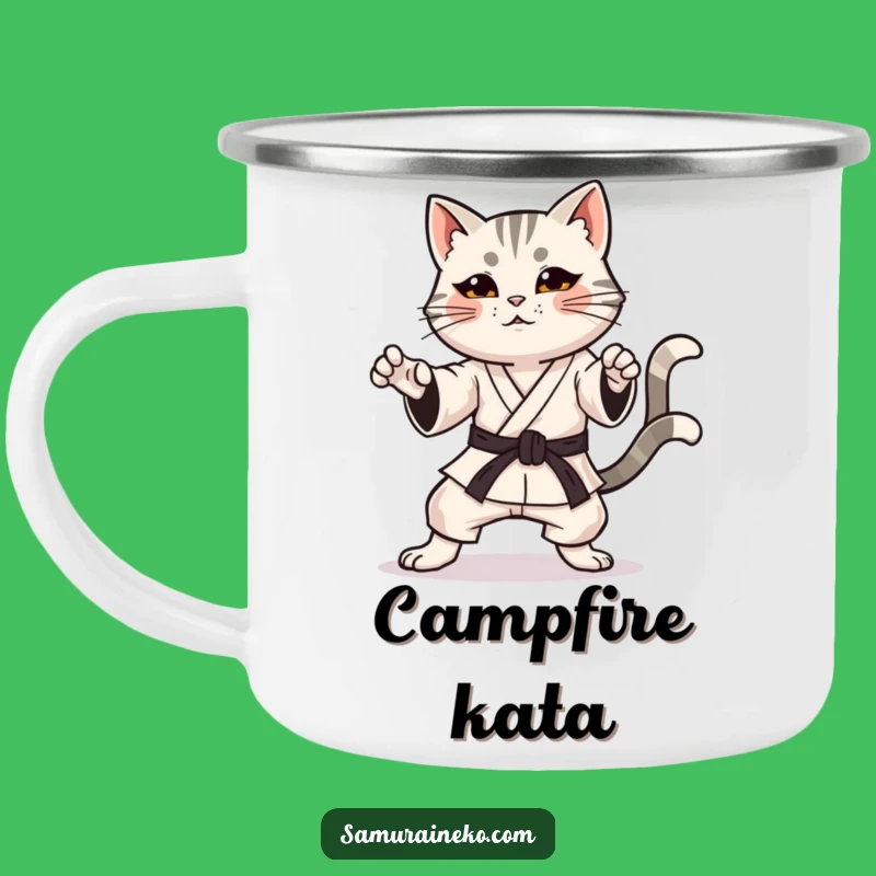 Funny Karate Cat Camping Mug: Warrior's Brew, Perfect Outdoor Gift