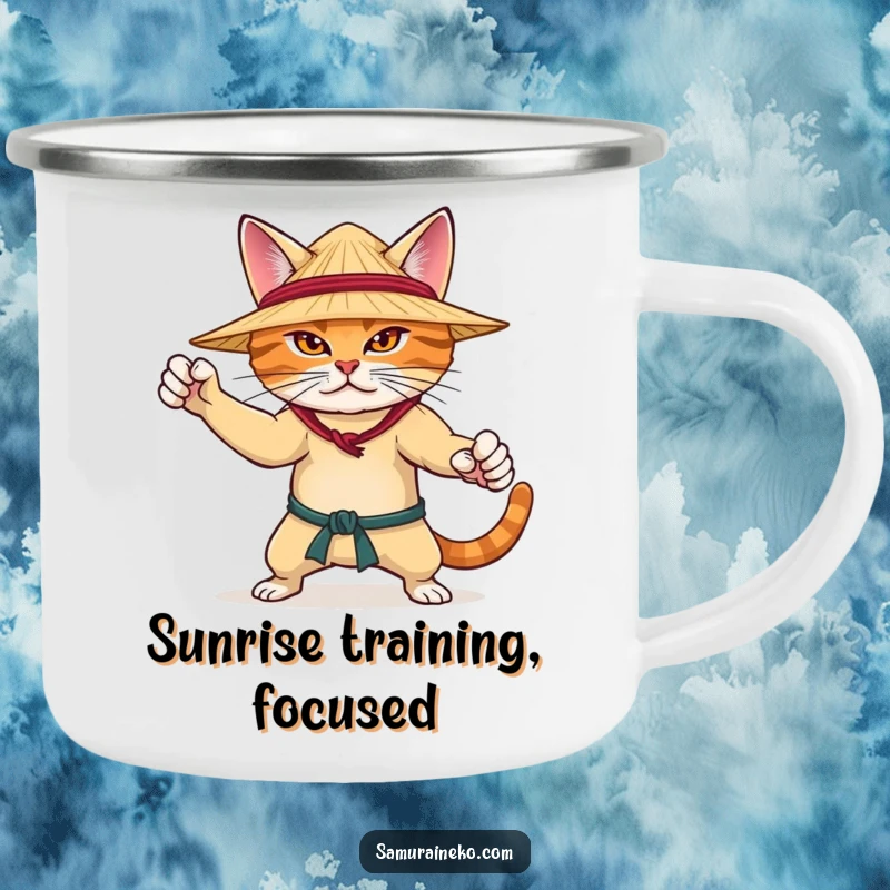 Funny camping mug featuring a determined cat in a martial arts pose with a straw hat, perfect for outdoor activities and humor.