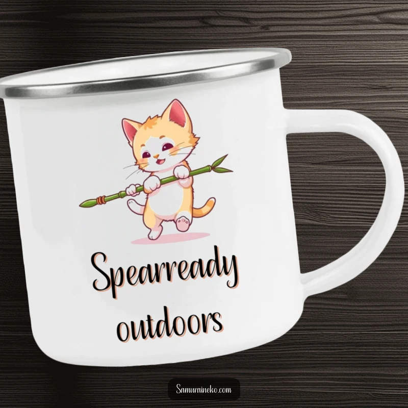 Funny Mischievous Kitten Camping Mug: Kitten doing a somersault with a bamboo spear, durable outdoor drinkware with playful mischief. A great funny gift.