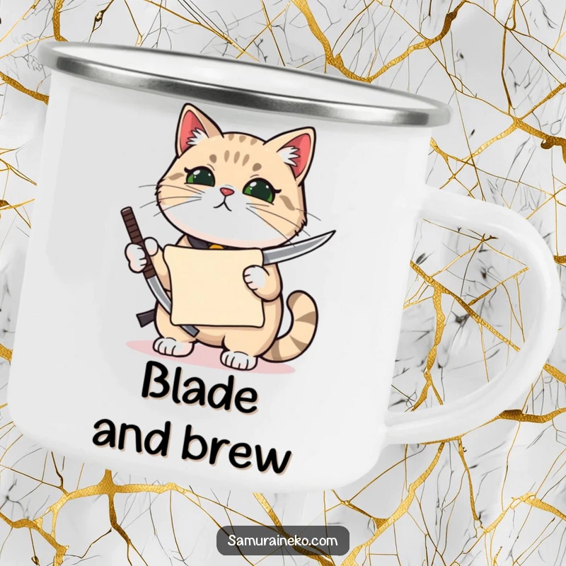 Funny cat holding a miniature katana with pride and a small scroll, a symbol of precision on this camping mug.