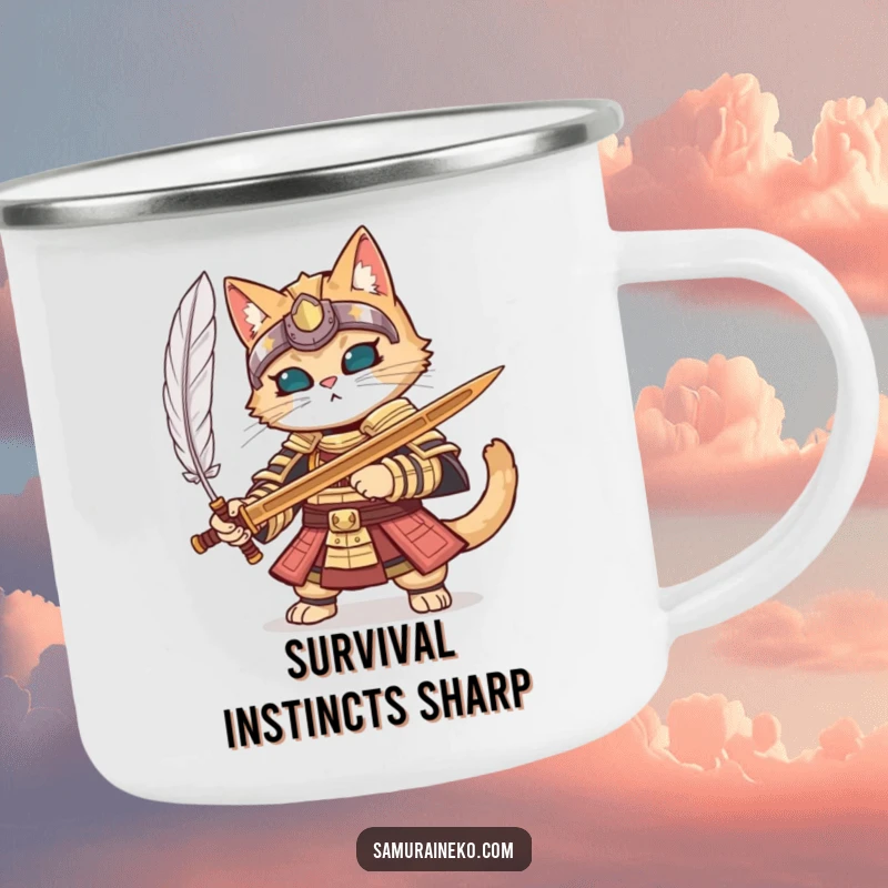 Funny cat in full samurai armor parrying a feather with a wooden sword, on a durable camping mug.