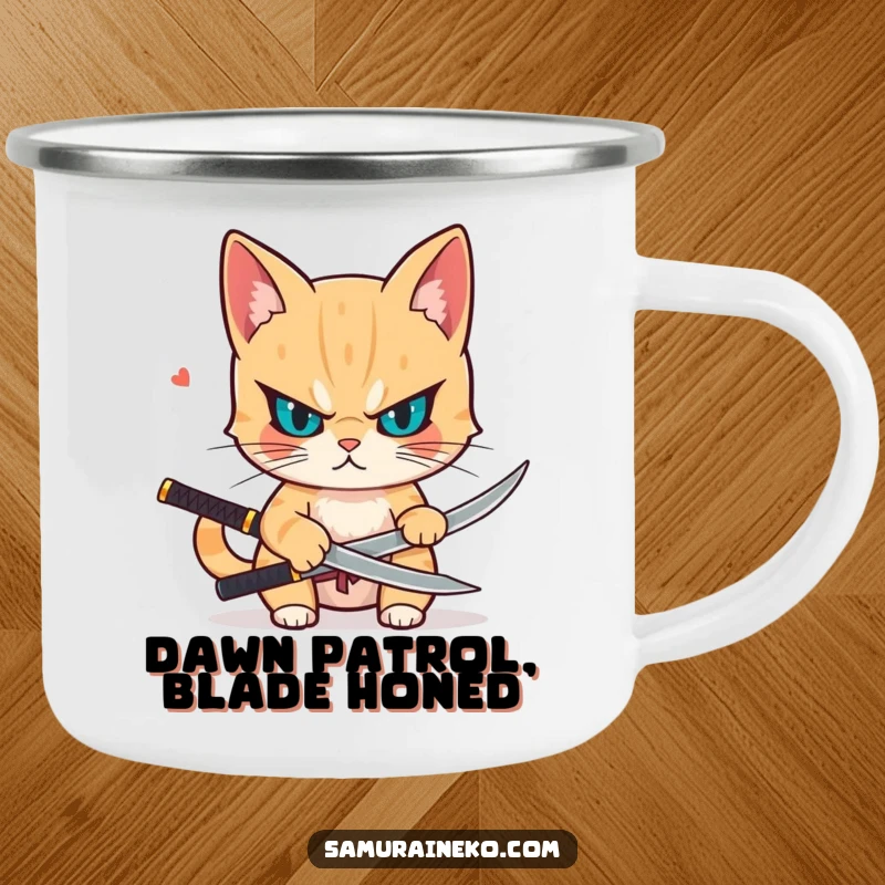 Funny camping mug featuring a determined cat drawing a small katana, perfect for outdoor activities and adding a touch of humor.