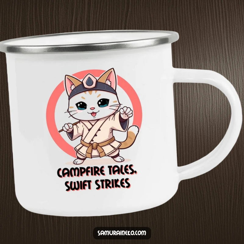 Funny Samurai Cat Camping Mug: A smiling samurai cat in outdoor gear, enjoying a peaceful moment by the campfire.