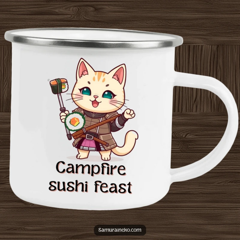 Funny Samurai Cat Camping Mug: A rugged mug with a cat in samurai armor holding a sushi roll, ideal for outdoor dining.
