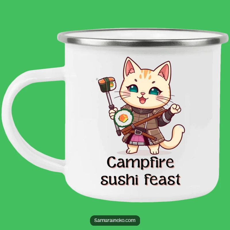 Funny Samurai Cat Sushi Camping Mug: Adventure Fuel with Hilarious Warrior Charm