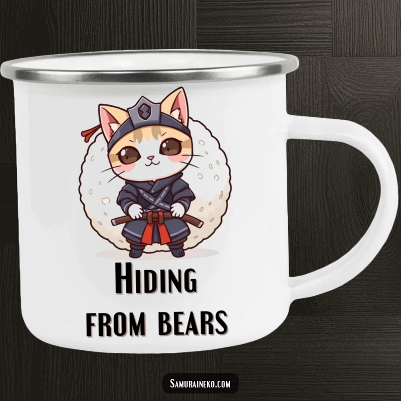 Funny mischievous cat samurai peeking from behind a giant rice ball, this durable camping mug is ready for adventure.