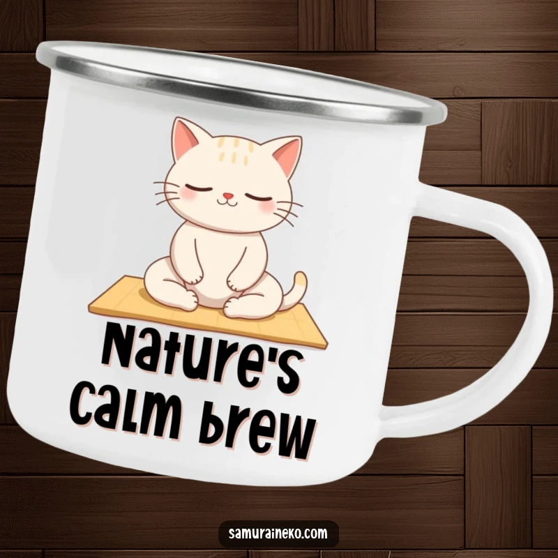 Funny Zen Cat Camping Mug: A durable mug featuring a funny cat meditating peacefully, perfect for outdoor relaxation and humorous sipping.