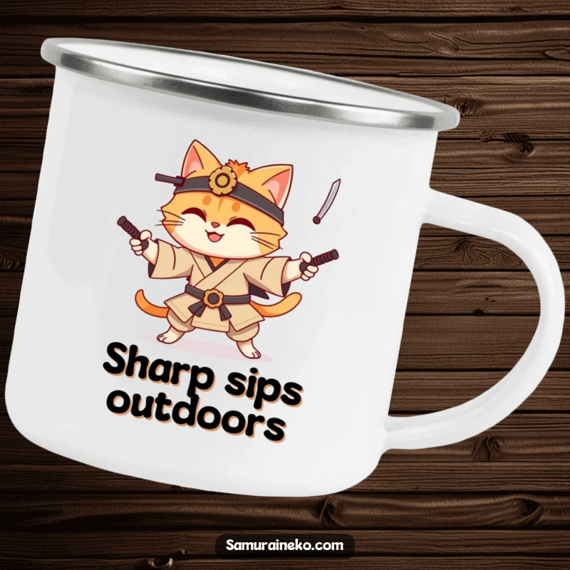 Funny cat samurai camping mug featuring a smiling cat warrior juggling miniature katanas, ideal for sipping beverages around a campfire with humor.