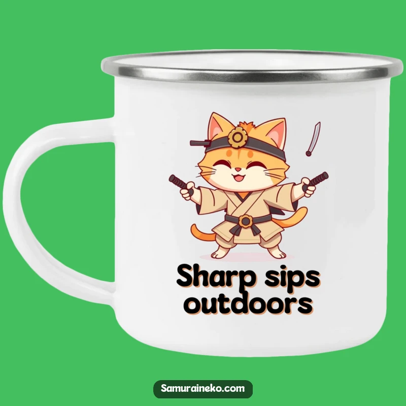 Funny Cat Samurai Camping Mug: Juggling Warrior Feline Enamel Cup Gift