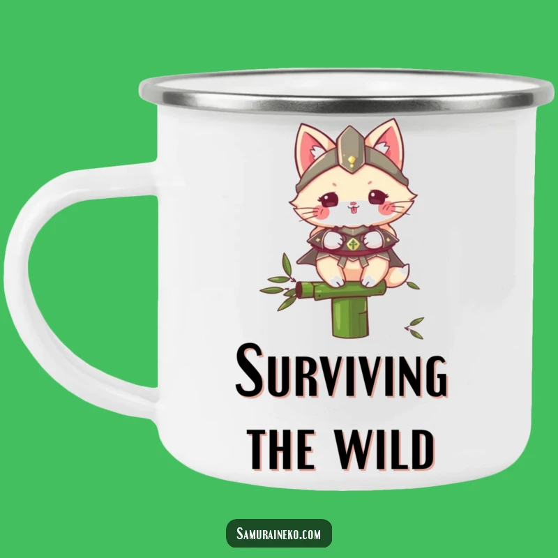 Funny Samurai Cat Camping Mug: Fluffy Warrior on Bamboo, Outdoor Humorous Drinkware