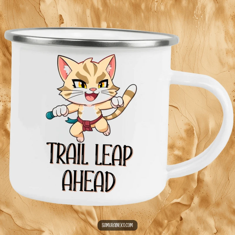 Funny Leaping Cat Camping Mug: A rugged mug with a determined and happy cat warrior mid-leap, ideal for outdoor activities.