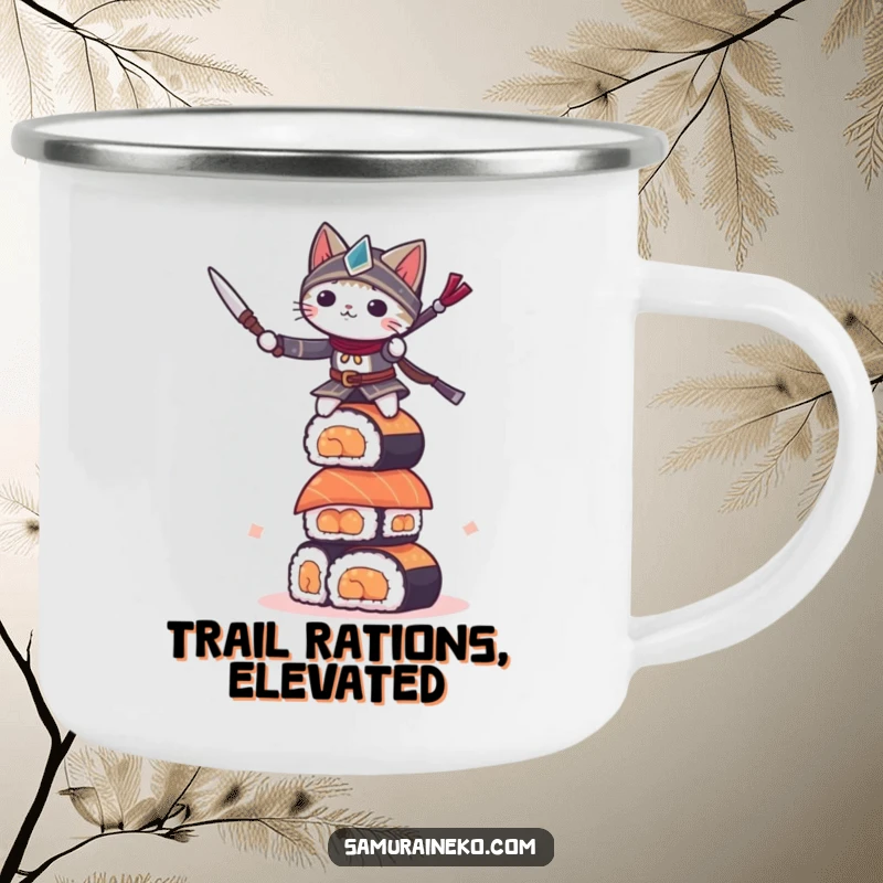 Funny small cat warrior balancing on a sushi tower, this durable camping mug is ready for any adventure.
