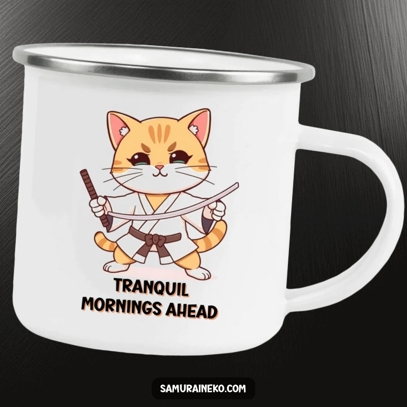 Funny cat practicing sword stances with intense focus and a slight smile, on a durable camping mug.