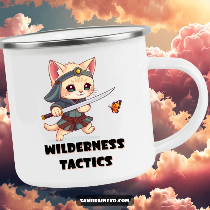Funny camping mug with a kitten samurai playfully chasing a butterfly with its sword, a humorous and durable companion for outdoor trips.