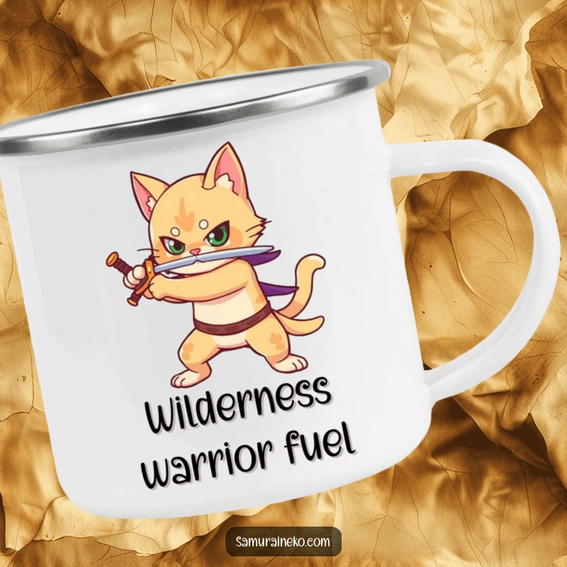 Funny camping mug with a cat warrior, sword drawn, ready for adventure in the great outdoors.