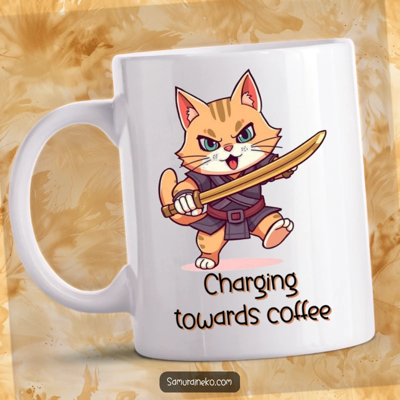 Funny determined cat warrior charging forward with a bamboo sword, embodying courage and fierce resolve.