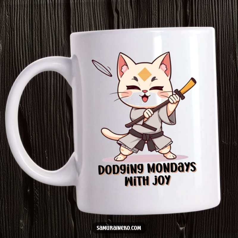 Funny cat samurai character gleefully dodging an incoming shuriken with dramatic flair and agility, a humorous action scene.
