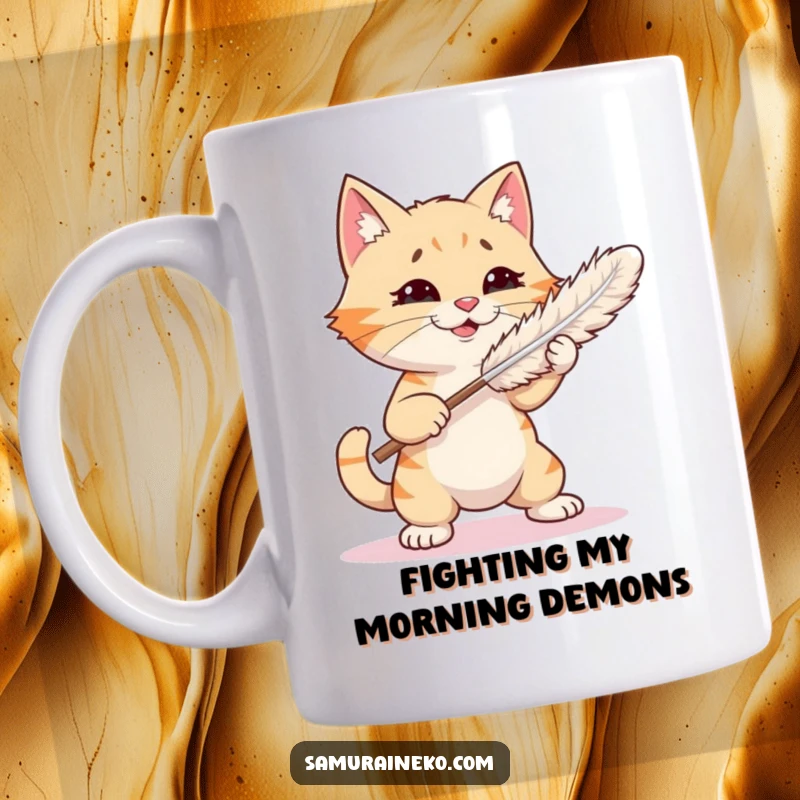 Funny mug depicting a mischievous cat playfully sparring with a feather duster, capturing a moment of hilarious feline energy.