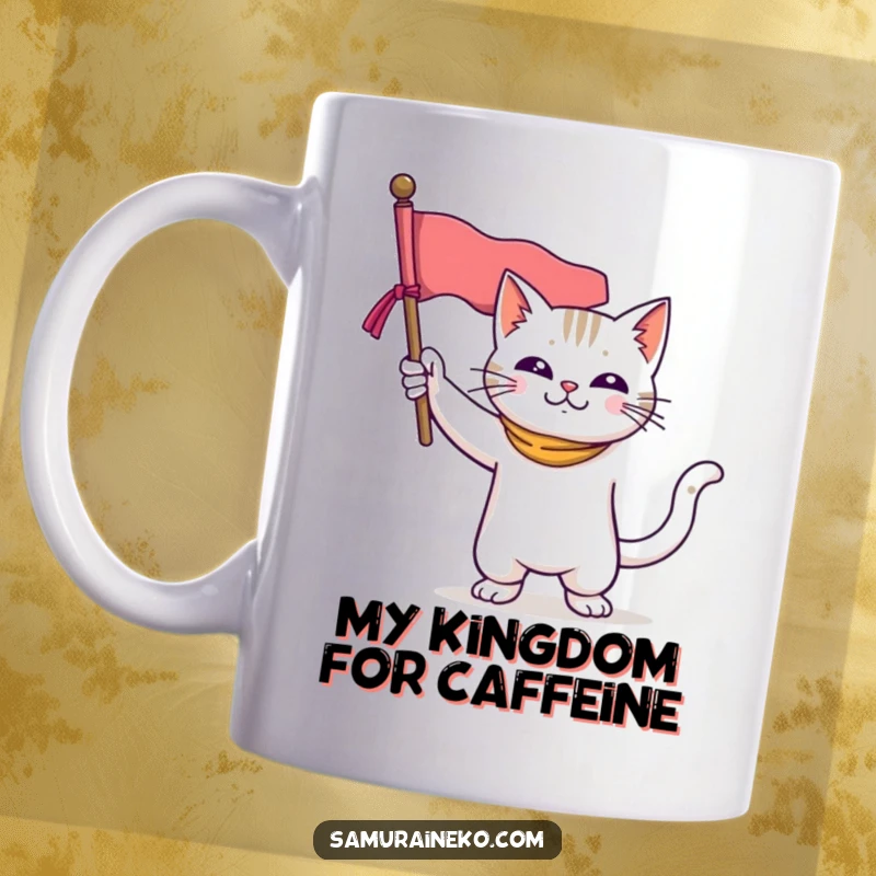 Funny mug with a courageous cat striking a heroic pose, holding a miniature banner aloft, embodying bravery and humor.
