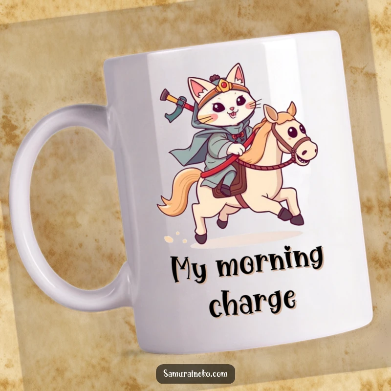 Funny cat samurai mug with a feline warrior riding a hobby horse, charging forward with gleeful abandon.