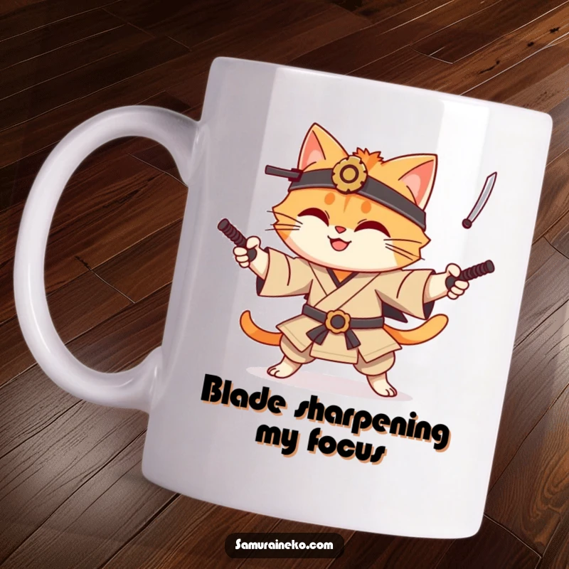 Funny cat samurai mug with a smiling cat character skillfully juggling miniature katanas, embodying playful discipline and epic fun.