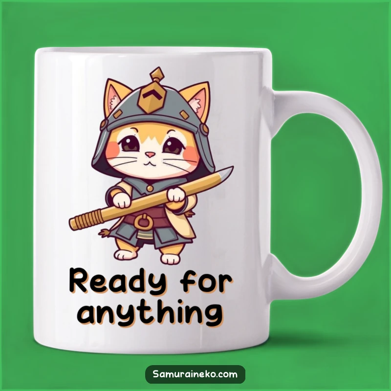 Funny Cat Warrior Mug - Tiny Helmet Bamboo Sword Hero Gift
