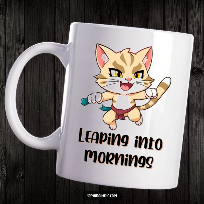 Funny Leaping Cat Mug: A fierce yet happy feline warrior caught mid-air in a dynamic leap, full of energy and joy.