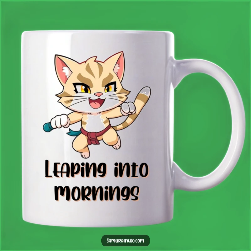 Funny Leaping Feline Warrior Mug: Hilarious Gift for Energetic Cat Lovers