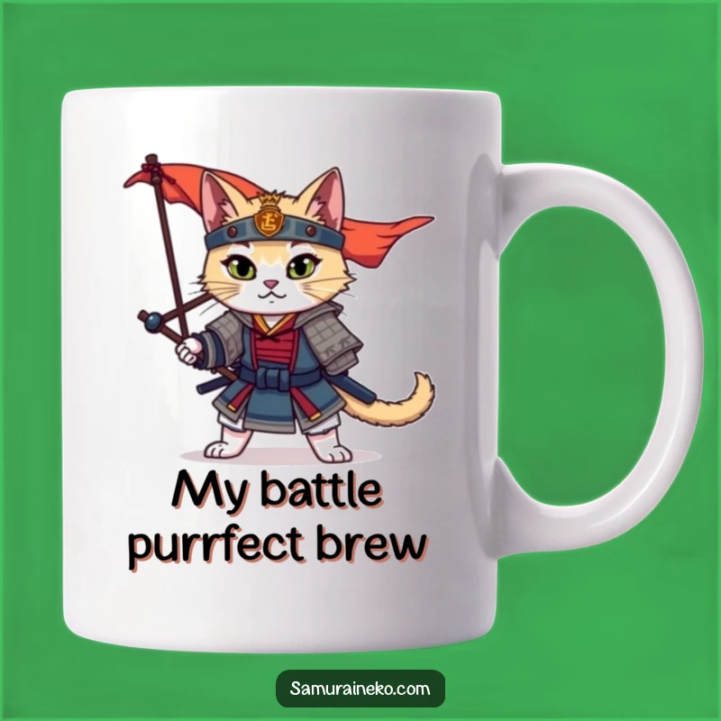 Funny Samurai Cat Banner Mug: Epic Feline Warrior Pose, Perfect Gift Idea