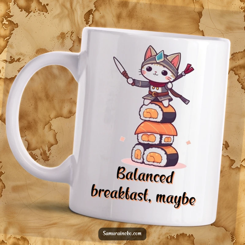 Funny small cat warrior intensely balancing on a wobbly tower of sushi, showcasing epic focus and bravery.