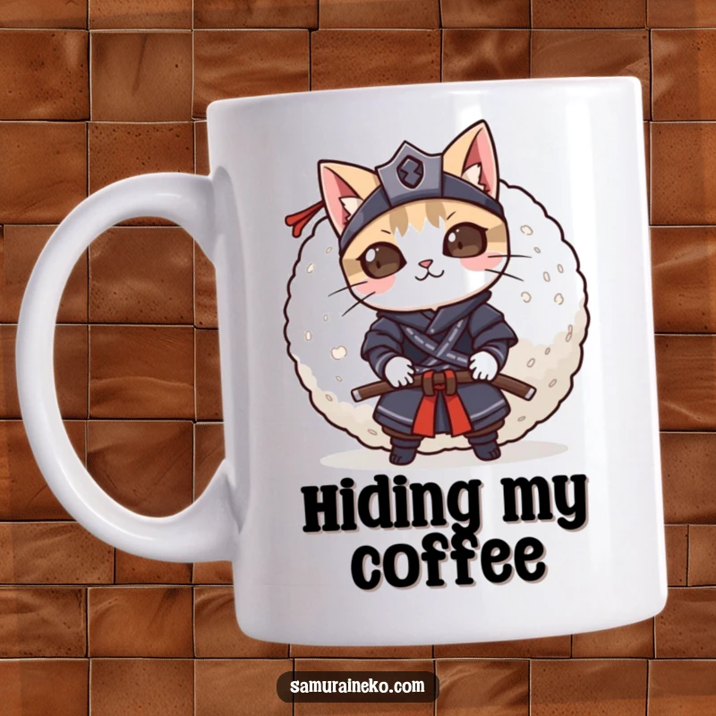 Funny mischievous cat samurai peeking with wide eyes from behind a giant rice ball, a scene of playful curiosity.