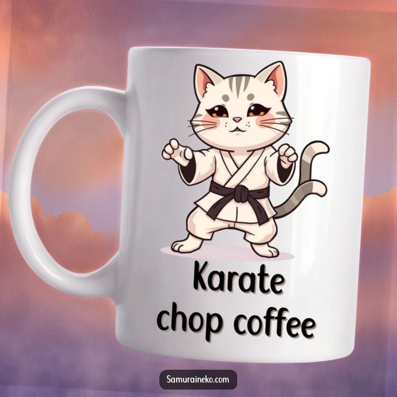 Funny mug featuring a cat in a karate pose with a determined expression and a happy, wagging tail.