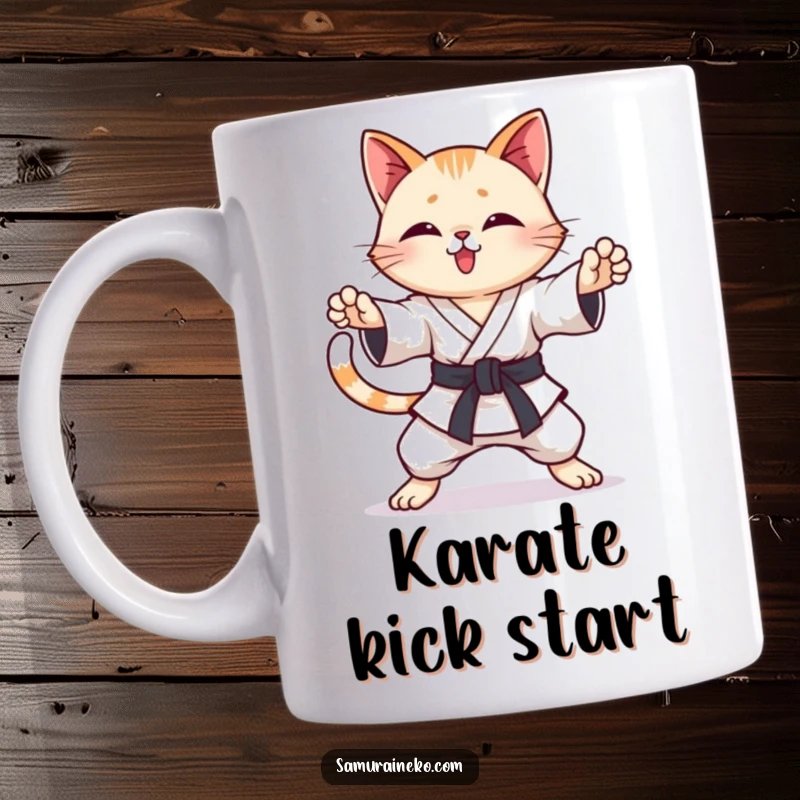 Funny Karate Cat Mug: A cat practicing dynamic karate poses with a cheerful wagging tail, radiating playful energy.