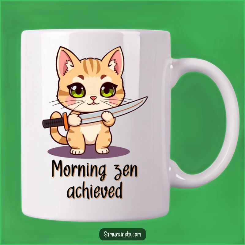 Funny Proud Cat Katana Mug: Wide-Eyed Warrior, Perfect Humorous Gift