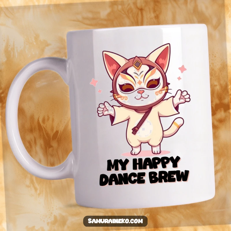Funny Kabuki Cat Mug: A cat wearing a vibrant kabuki mask, dancing with pure joy, showcasing a humorous blend of tradition and feline fun.