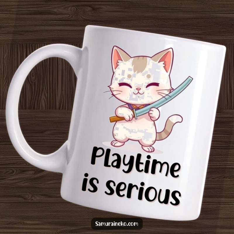 Funny mug featuring a cat brandishing a miniature bamboo sword with focused, playful intensity, ready for fun.