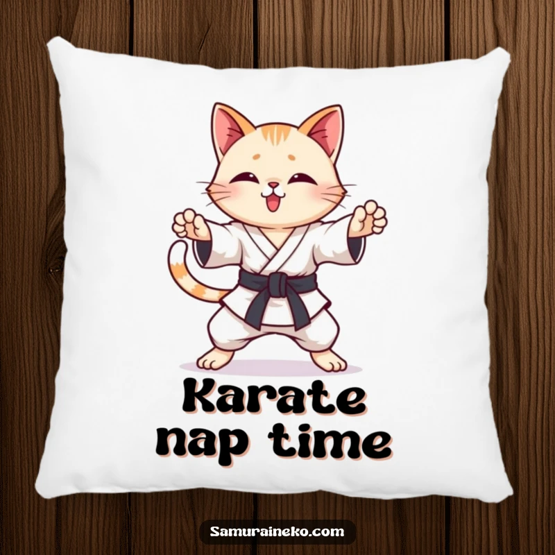 Funny Karate Cat Pillow: A soft cushion featuring a cat practicing karate poses with a wagging tail, perfect for cozying up.
