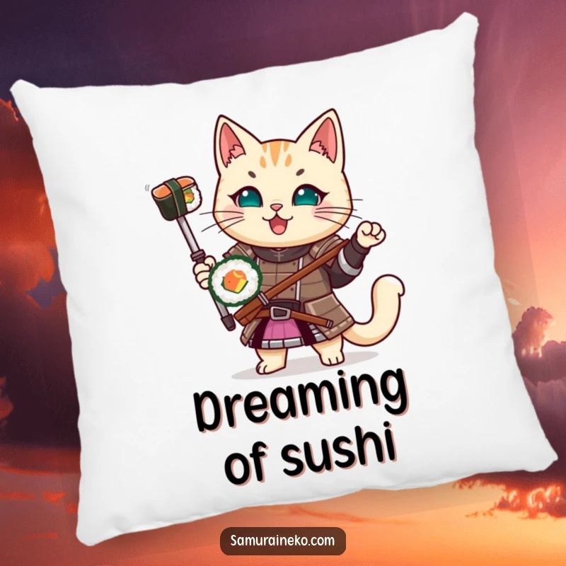 Funny Samurai Cat Pillow: A soft cushion featuring a cat in samurai armor holding a sushi roll, perfect for cozying up.