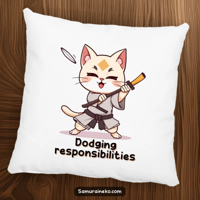 Funny cat samurai character dodging a shuriken with glee, this decorative pillow adds a touch of action and humor.
