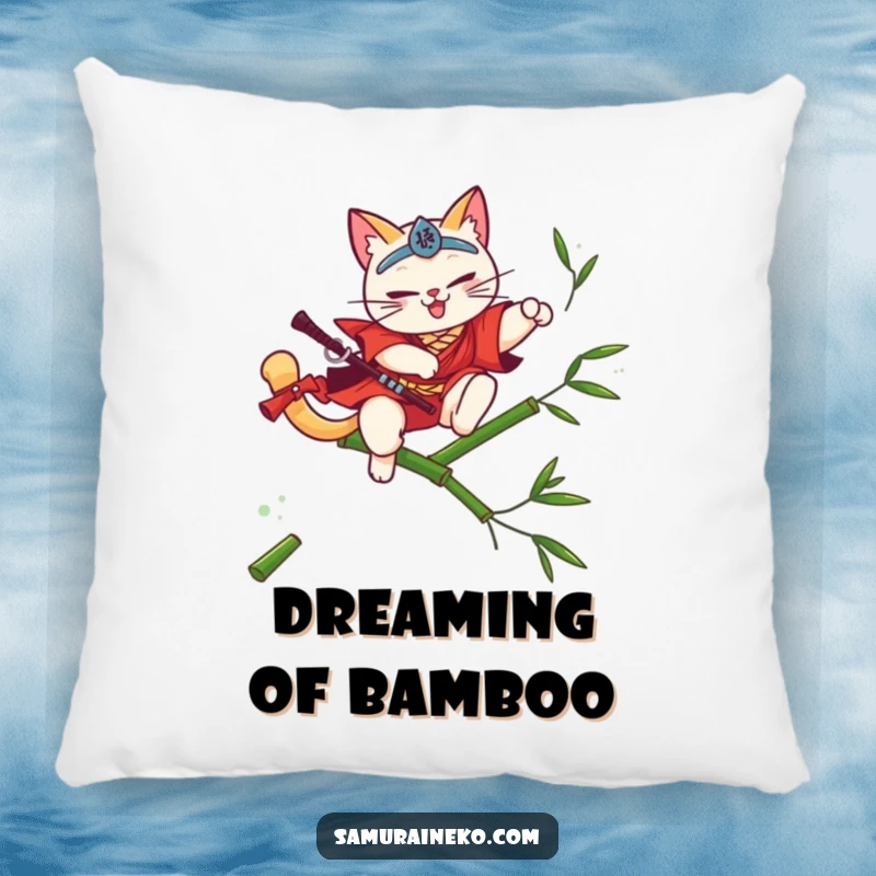 Funny cat samurai design on a soft pillow, leaping over bamboo, a peaceful funny gift.