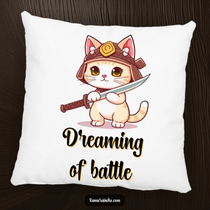Funny cute cat in a tiny samurai helmet unsheathing a playful sword, on a plush pillow.