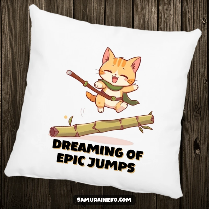 Funny Cat Warrior Pillow: A soft and decorative pillow featuring a funny cat warrior mid-leap over bamboo, bringing cozy humor to any space.