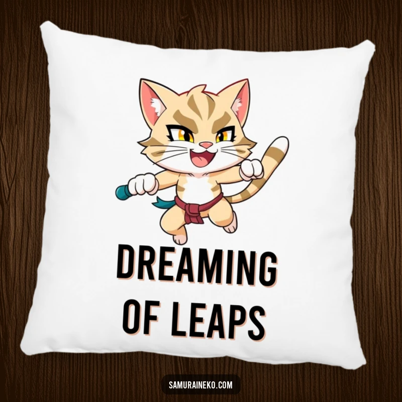 Funny Leaping Cat Pillow: A soft cushion featuring a happy and determined cat warrior mid-leap, perfect for cozying up.