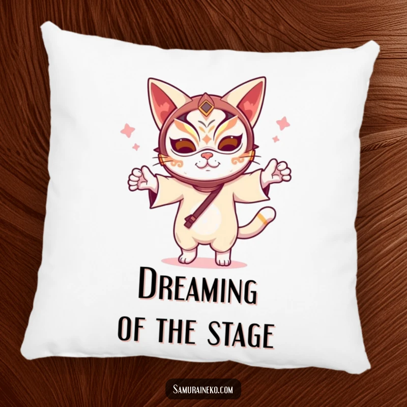 Funny Kabuki Cat Pillow: A soft pillow featuring a funny cat in a kabuki mask dancing, bringing humorous comfort and theatrical flair to any room.