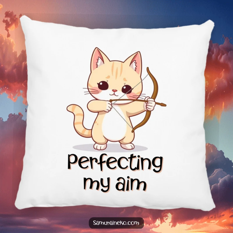Funny Cat Archer Pillow: A soft, decorative pillow featuring a funny cat archer concentrating, bringing humorous comfort and focus to any room.