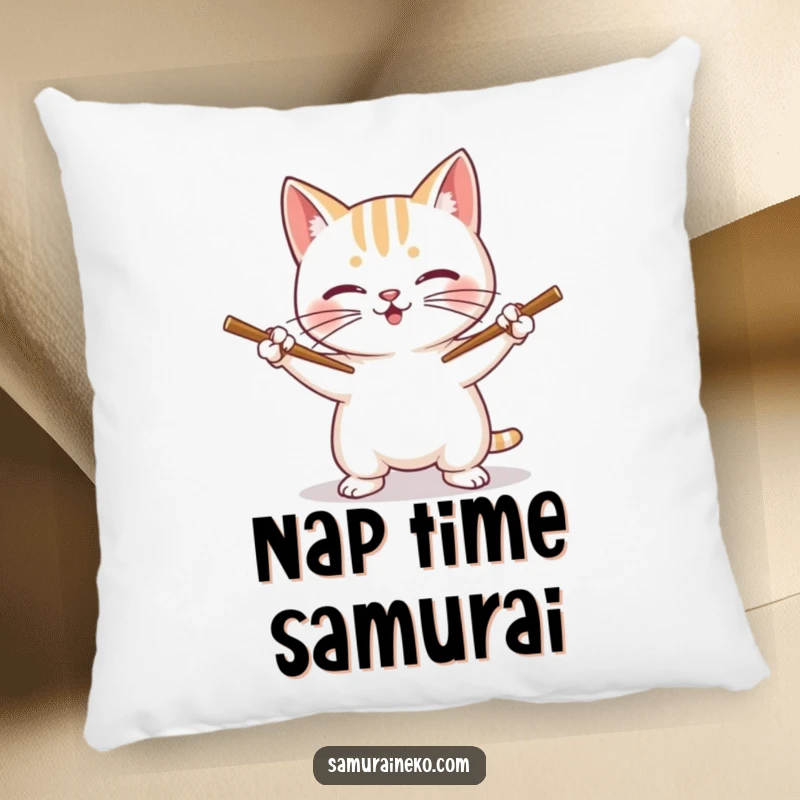 Funny Cat Pillow: A smiling cat wields chopsticks like swords, adding a humorous touch to decor.