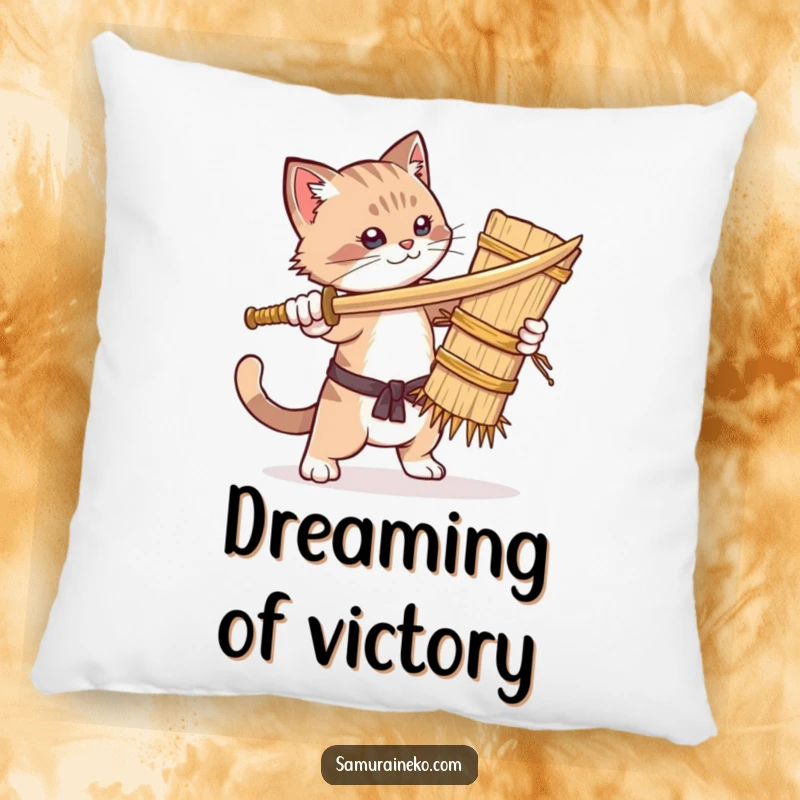 Funny pillow with a cat in a humorous sword fight against a straw dummy, offering a soft and amusing decorative accent for any room.