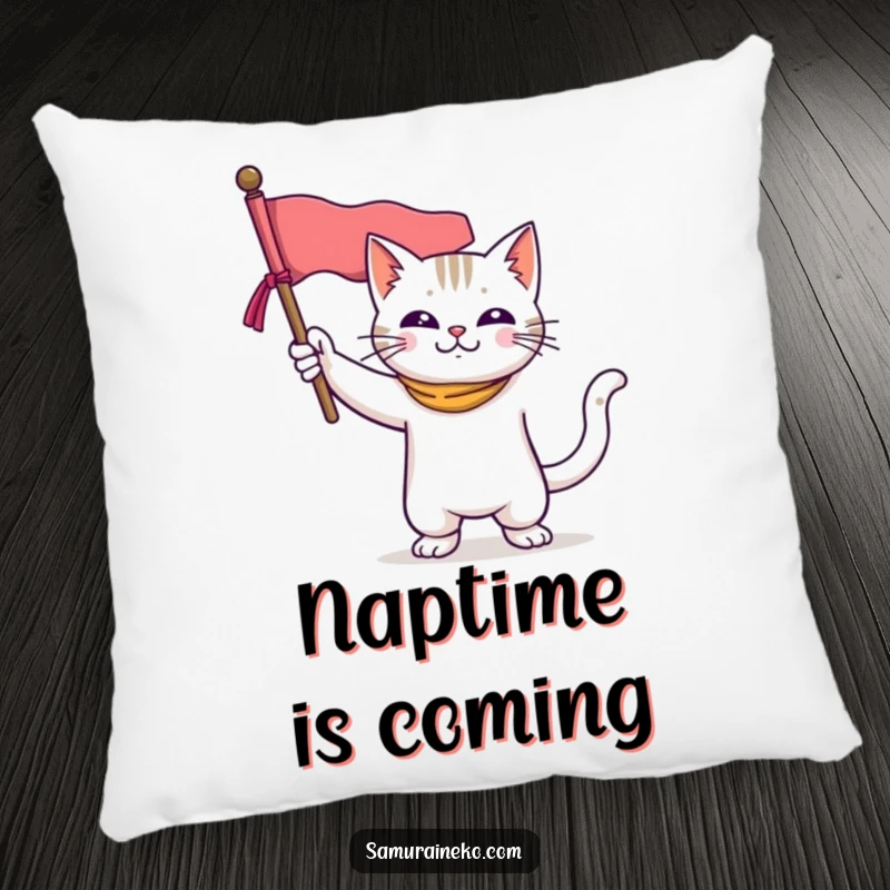Funny pillow with a courageous cat in a heroic pose, holding a miniature banner, offering comfort and a touch of funny bravery.