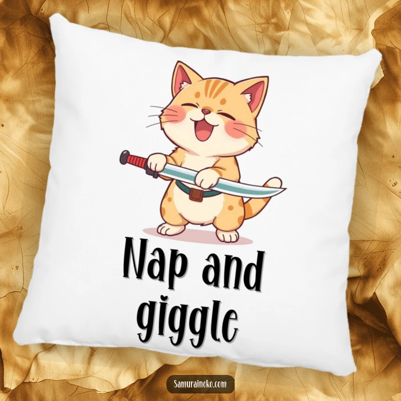Funny Cat Laughing Sword Pillow featuring a cat rolling with laughter after a clumsy sword swing, offering comfort and comic charm.