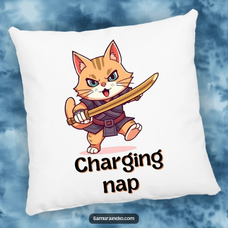 Funny determined cat warrior charging forward with a bamboo sword, this decorative pillow adds cozy strength.